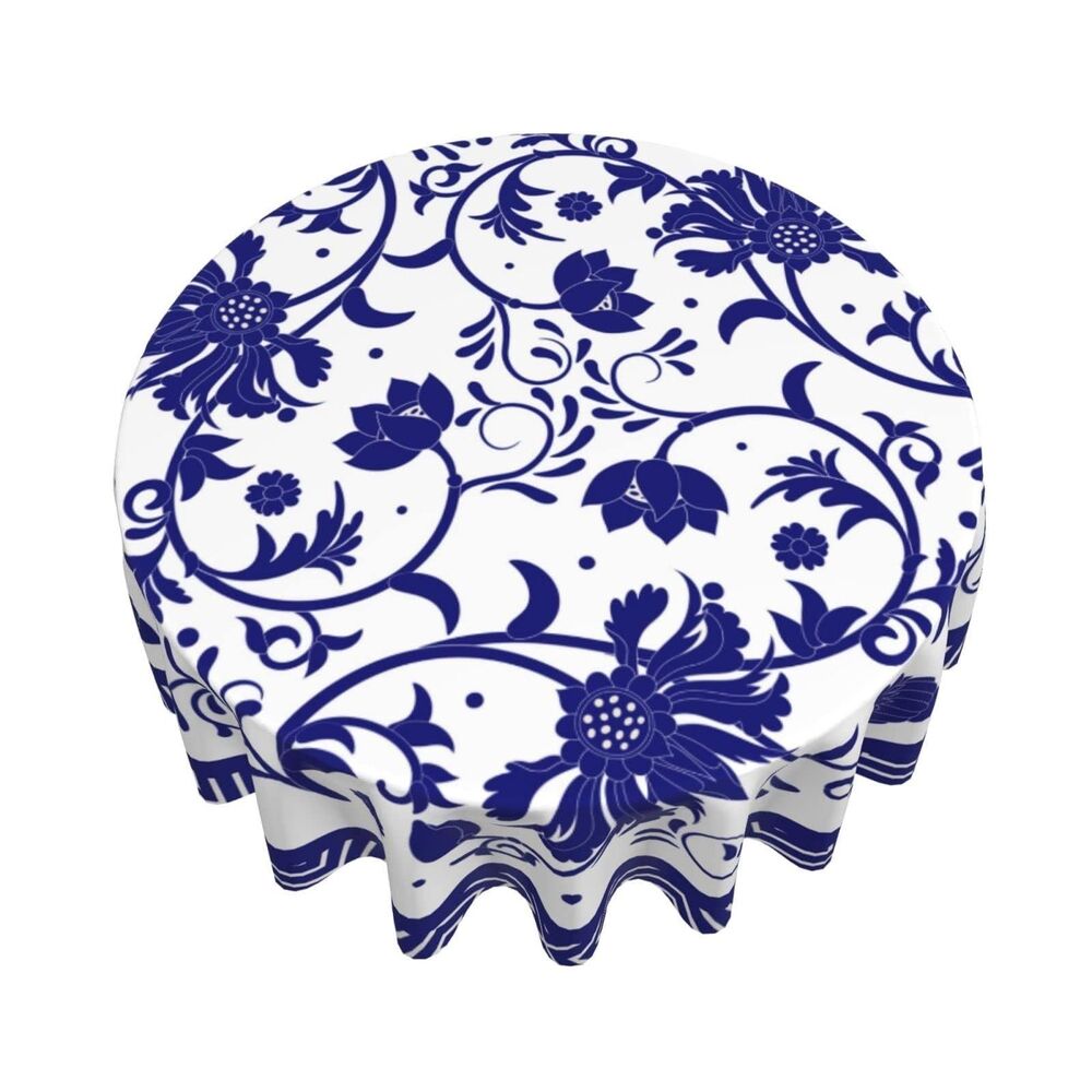 Blue and White Porcelain Print Round Tablecloth Elastic Fitted Table Cover Wa...